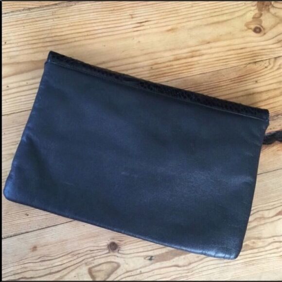 Vintage Black Leather Snake Skin Print Envelope Purse Bag Clutch - Picture 2 of 7